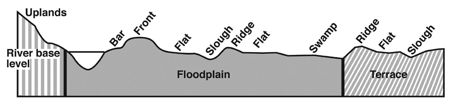A diagram of a floodplain at a river base outlines the placement of the various parts of a floodplain, including the: bar; front; flat; slough; ridge; flat; and swamp.